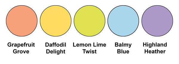 Colour combination mixing Grapefruit Grove, Daffodil Delight, Lemon Lime Twist, Balmy Blue and Highland Heather, all from Stampin' Up!