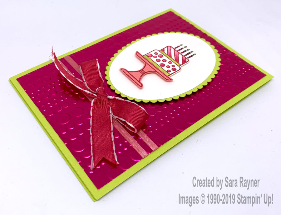 Easel birthday card using Piece of Cake bundle, Dot to Dot EF and Lovely Lipstick Foil (SAB freebie)