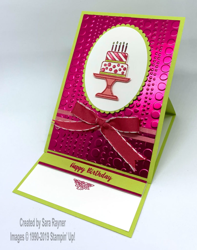 Easel birthday card using Piece of Cake bundle, Dot to Dot EF and Lovely Lipstick Foil (SAB freebie)