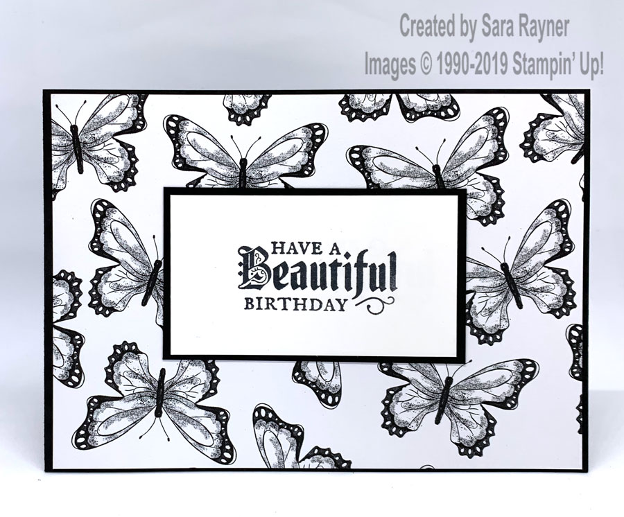 Black and white Painted Glass birthday card with Botanical Butterfly DSP (Sale-a-bration freebie) background