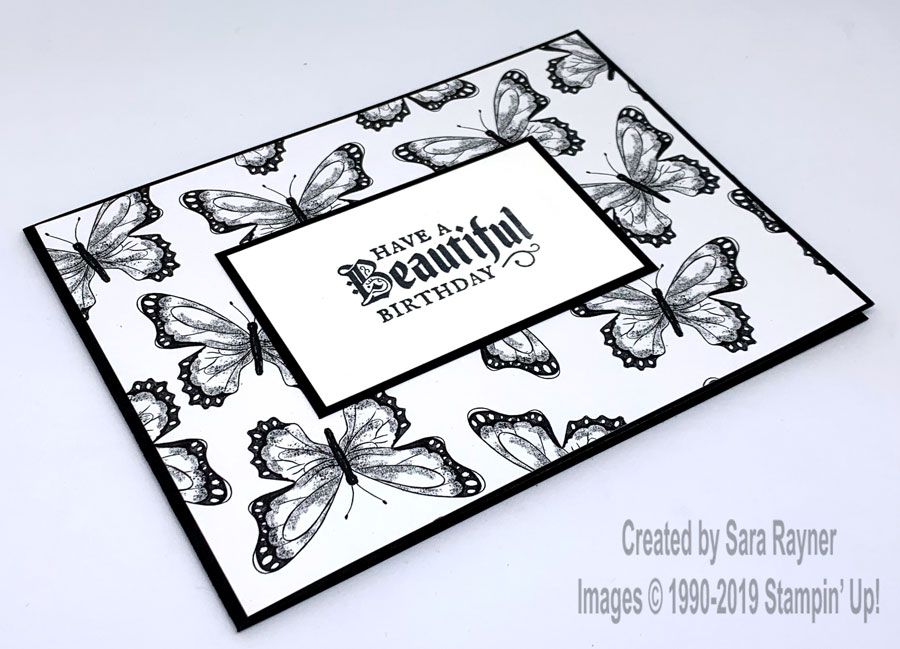 Black and white Painted Glass birthday card with Botanical Butterfly DSP (Sale-a-bration freebie) background