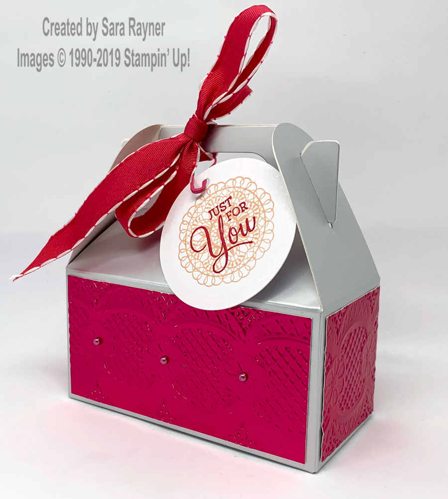 Mini Gable Box decorated with Lace embossed Foil (Sale-a-bration freebie) and Dear Doily Sweet Pin & Tag