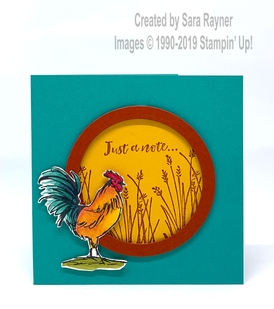 Home to Roost (Sale-a-bration freebie) note card with Layering Circle frame.