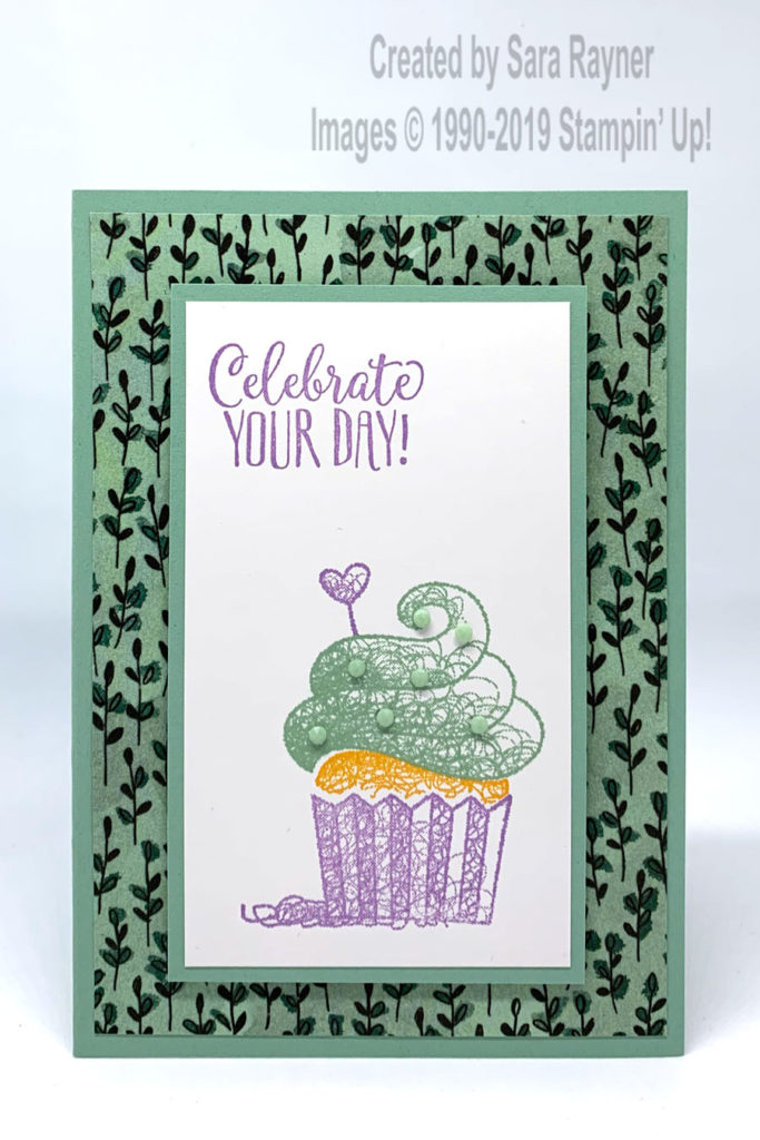 Hello Cupcake (Sale-a-bration freebie) with Share What You Love Specialty DSP background.