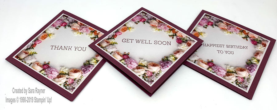 Needle & Thread card trio with Petal Promenade backgrounds.