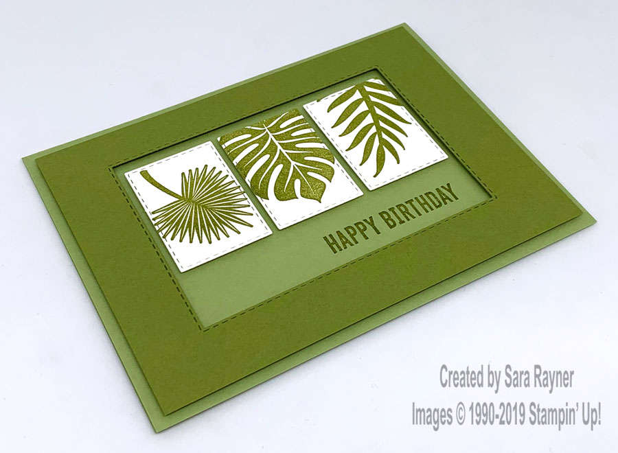 Birthday card using framed leaves from Tropical Chic.