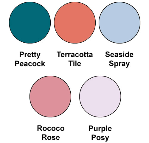 The colour combination uses all 5 new In Colors; Pretty Peacock, Terracotta Tile, Seaside Spray, Rococo Rose and Purple Posy, all from Stampin' Up!