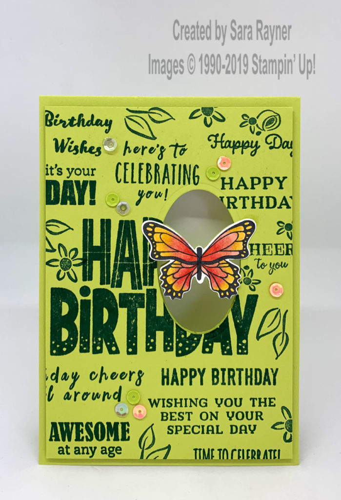 Birthday card combining the Butterfly Gala bundle and the sentiment medley technique.
