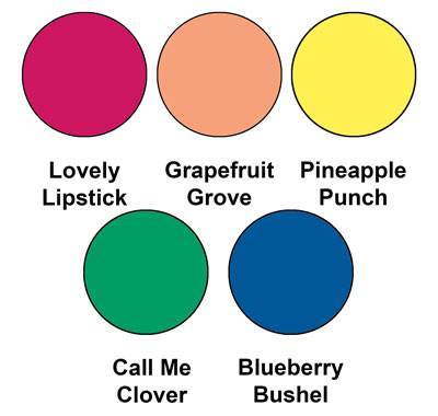 Colour combo mixing Lovely Lipstick, Grapefruit Grove, Pineapple Punch, Call Me Clover and Blueberry Bushel, all from Stampin' Up!