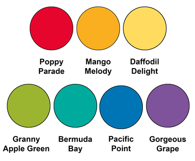 Colour combo mixing Poppy Parade, Mango Melody, Daffodil Delight, Granny Apple Green, Bermuda Bay, Pacific Point and Gorgeous Grape.