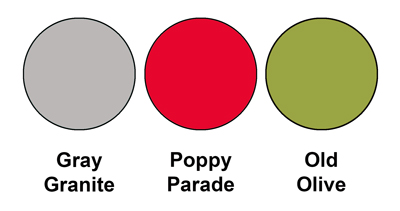 This colour combo mixes Gray Granite, Poppy Parade and Old Olive.