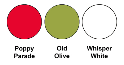 This colour combo mixes Poppy Parade, Old Olive and Whisper White.