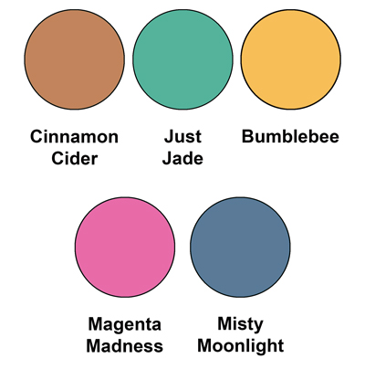 Colour combo mixing Cinnamon Cider, Just Jade, Bumblebee, Magenta Madness and Misty Moonlight.