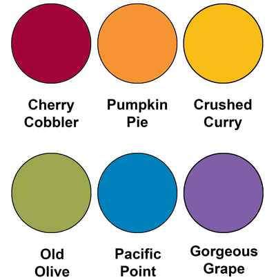 Colour combo mixing Cherry Cobbler, Pumpkin Pie, Crushed Curry, Old Olive, Pacific Point and Gorgeous Grape.