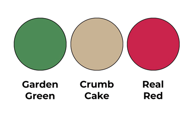 Colour combo mixing Garden Green, Crumb Cake and Real Red.