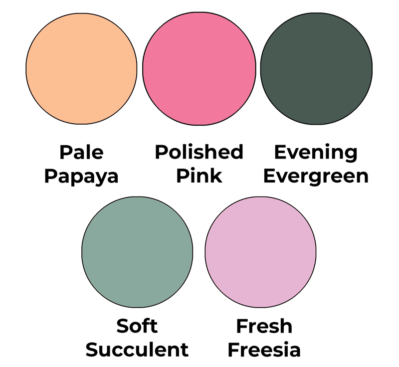 Colour combo mixing Pale Papaya, Polished Pink, Evening Evergreen, Soft Succulent and Fresh Freesia