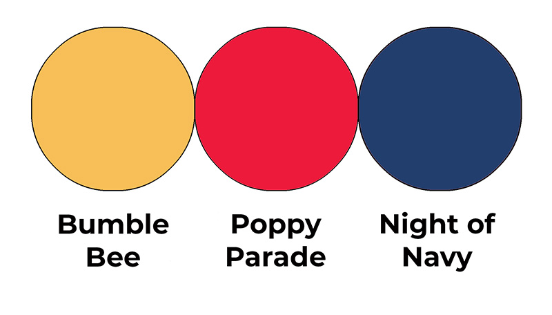 Colour combo mixing Bumble Bee, Poppy Parade and Night of Navy.