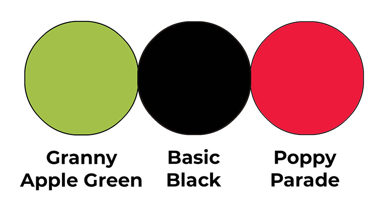 Colour combo mixing Granny Apple Green, Basic Black and Poppy Parade.