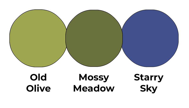 Colour combo mixing Old Olive, Mossy Meadow and Starry Sky.