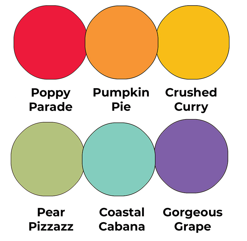 Colour combo mixing Poppy Parade, Pumpkin Pie, Crushed Curry, Pear Pizzazz, Coastal Cabana and Gorgeous Grape.