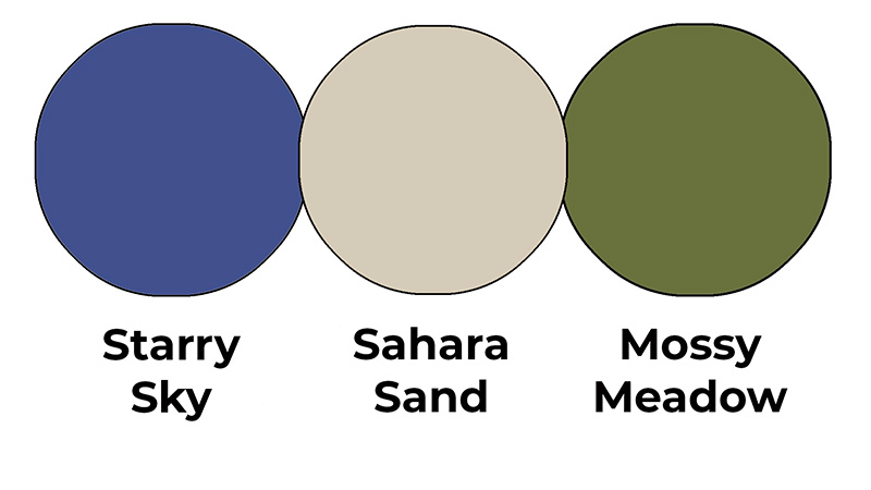 Colour combo mixing Starry Sky, Sahara Sand and Mossy Meadow.