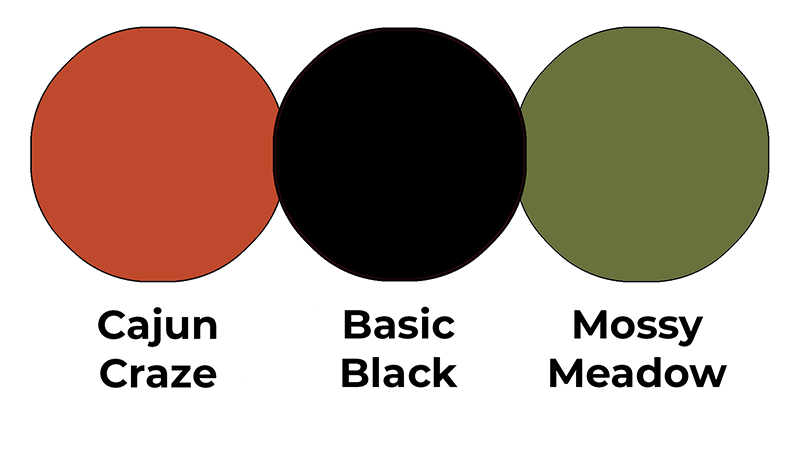 Colour combo mixing Cajun Craze, Basic Black and Mossy Meadow.