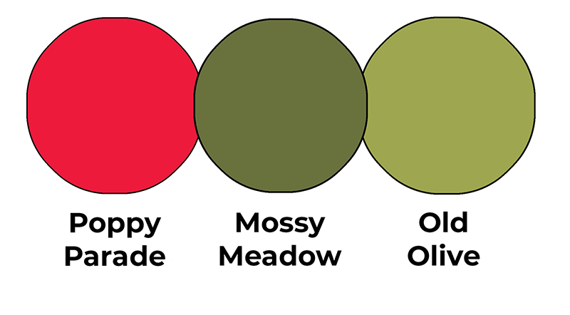 Colour combo mixing Poppy Parade, Mossy Meadow and Old Olive.