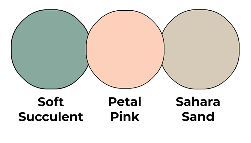 Feminine colour combo mixing Soft Succulent, Petal Pink and Sahara Sand.