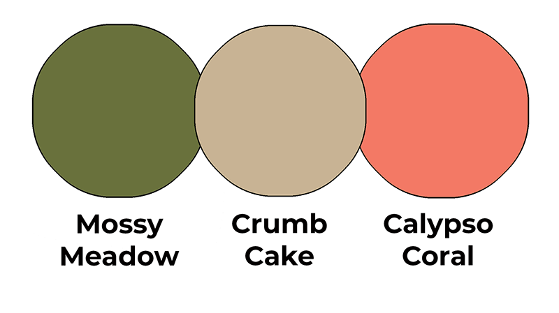 Colour combo mixing Mossy Meadow, Crumb Cake and Calypso Coral.